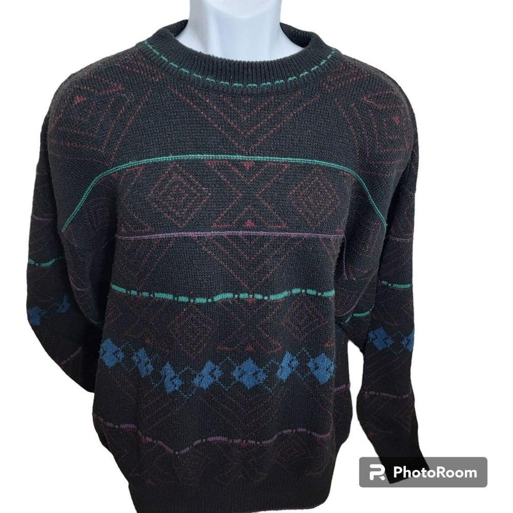 Cambio Sweater, Men L, Vintage 90's, Black w/Geometric Print, Wool Blend, GUC